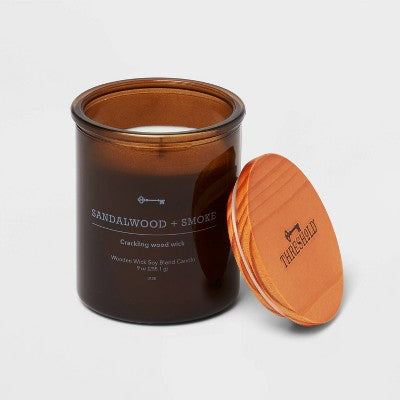 9oz Lidded Amber Glass Jar Crackling Wooden Wick Sandalwood And Smoke Candle - Threshold™
