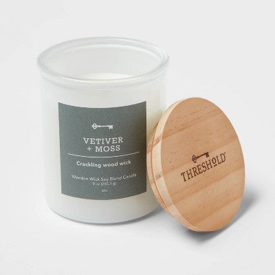 9oz Milky White Glass Woodwick Candle With Wood Lid And Stamped Logo Vetiver And Moss - Threshold™