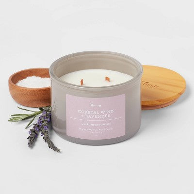 14oz Lidded Gray Glass Jar Crackling Wooden 3-Wick Candle With Paper Label Coastal Wind + Lavender - Threshold™
