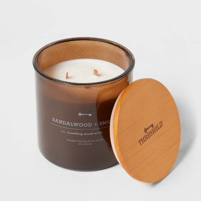 23oz XL 3-Wick Sandalwood + Smoke Wooden Amber Glass With Wood Lid And Stamped Logo Amber - Threshold™