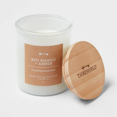 9oz Milky White Glass Woodwick Candle With Wood Lid And Stamped Logo Red Mango And Amber - Threshold™