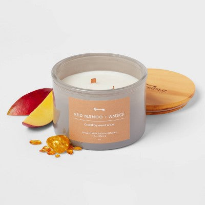 14oz Lidded Gray Glass Jar Crackling Wooden 3-Wick Candle With Paper Label Red Mango + Amber - Threshold™