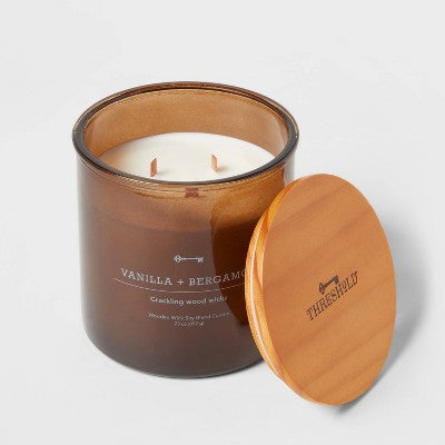 23oz XL 3-Wick Vanilla + Bergamot Wooden Amber Glass With Wood Lid And Stamped Logo Amber - Threshold™