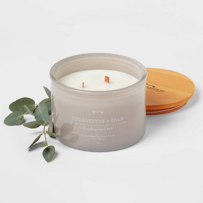 14oz Lidded Gray Glass Jar Crackling Wooden 3-Wick Candle With Clear Label Eucalyptus + Palm - Threshold™