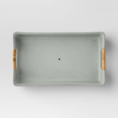 7.09" Rectangular Earthenware Tray With Cut-Out Skin Rattan Weaving Handle Heathered Green - Threshold™ Designed With Studio McGee
