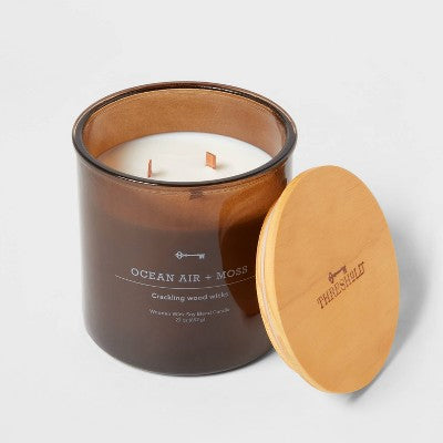  23oz XL 3-Wick Ocean Air + Moss Wooden Amber Glass With Wood Lid And Stamped Logo Amber - Threshold™