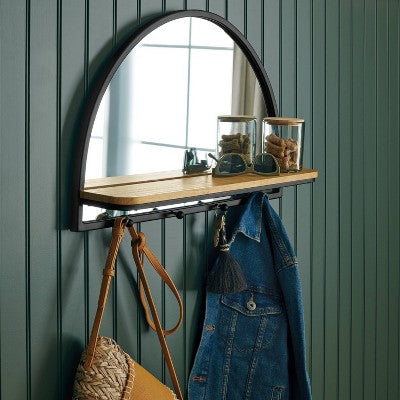  24"x15" Arch Wall Mirror With Shelf And Pegs Brown/Black - Threshold™: Modern Style, Horizontal Orientation, Includes Mounting Hardware