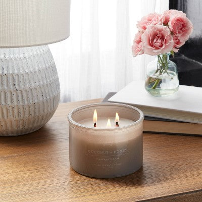  14oz Lidded Gray Glass Jar Crackling Wooden 3-Wick Candle With Clear Label Coconut And Honey - Threshold™