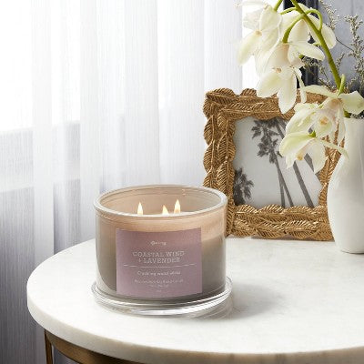  14oz Lidded Gray Glass Jar Crackling Wooden 3-Wick Candle With Paper Label Coastal Wind + Lavender - Threshold™