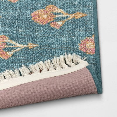  Washable Floral Block Printed Blue Rug Blue - Threshold™