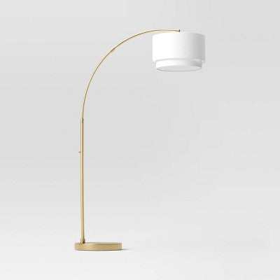  68"x41" Knurled Metal Arc Floor Lamp With Tiered Shade Brass - Threshold™: Curved Standing Illumination For Living Room