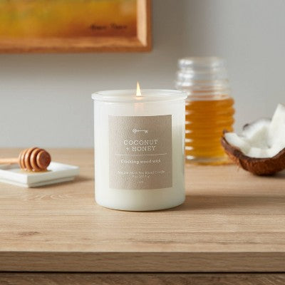  9oz Milky White Glass Woodwick Candle With Wood Lid And Stamped Logo Coconut And Honey - Threshold™