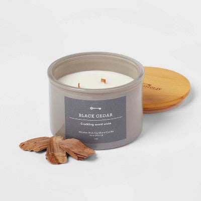  14oz Lidded Gray Glass Jar Crackling Wooden 3-Wick Candle With Paper Label Black Cedar - Threshold™