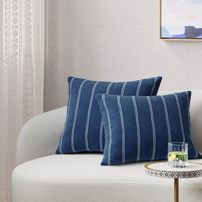  2pk Square Cotton Woven Stripe Throw Pillows Navy/Ivory - Threshold™