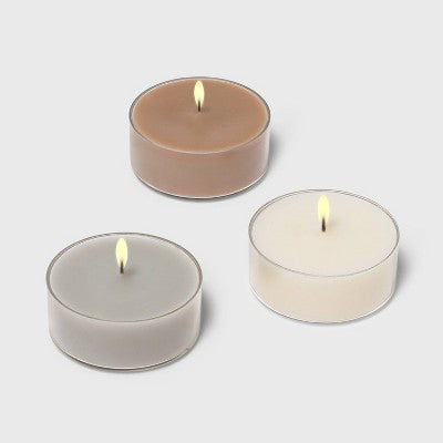  24pk Tealight Vanilla Bean And Amber/Cozy Cashmere/Ashwood Candle - Threshold™: Palm Oil & Paraffin Wax, 4hr Burn Time