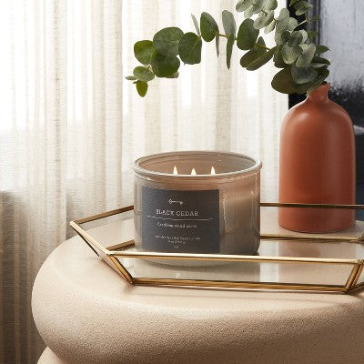  14oz Lidded Gray Glass Jar Crackling Wooden 3-Wick Candle With Paper Label Black Cedar - Threshold™