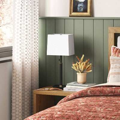  22.5"x7" Square Base Stick Lamp With USB Black - Threshold™: Modern Desk Lighting, ETL Listed, Linen Shade