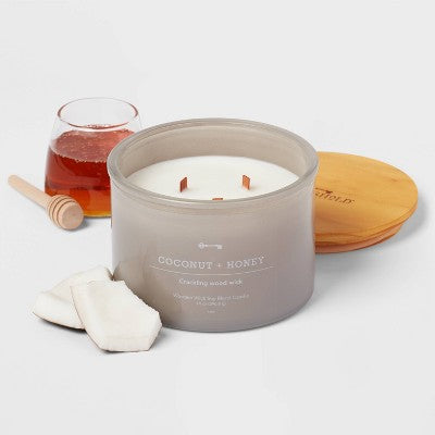  14oz Lidded Gray Glass Jar Crackling Wooden 3-Wick Candle With Clear Label Coconut And Honey - Threshold™