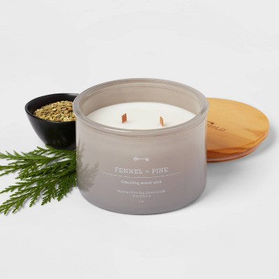  14oz Lidded Gray Glass Jar Crackling Wooden 3-Wick Candle With Clear Label Femmel + Pine - Threshold™