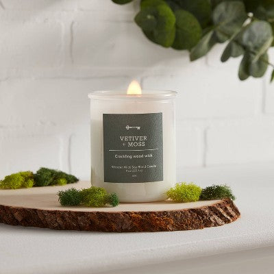  9oz Milky White Glass Woodwick Candle With Wood Lid And Stamped Logo Vetiver And Moss - Threshold™