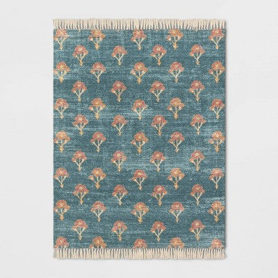  Washable Floral Block Printed Blue Rug Blue - Threshold™