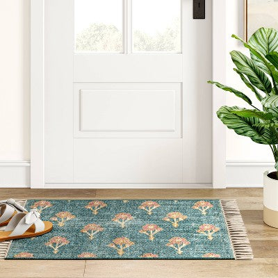  Washable Floral Block Printed Blue Rug Blue - Threshold™