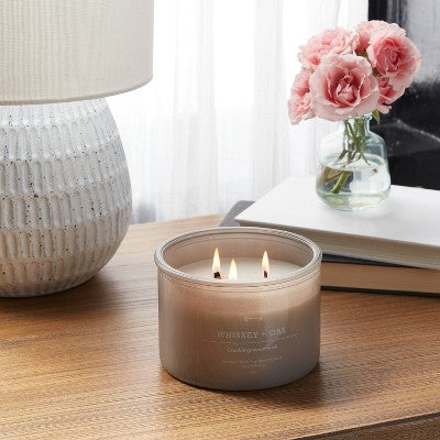  14oz Lidded Gray Glass Jar Crackling Wooden 3-Wick Candle With Clear Label Whiskey + Oak - Threshold™