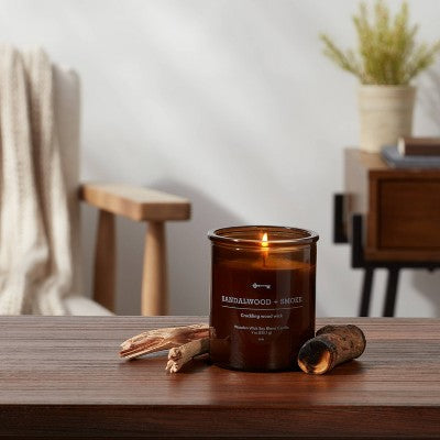  9oz Lidded Amber Glass Jar Crackling Wooden Wick Sandalwood And Smoke Candle - Threshold™