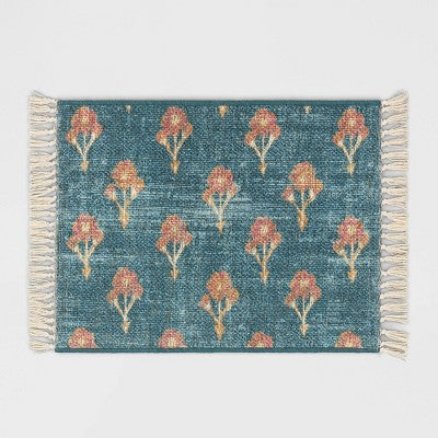  Washable Floral Block Printed Blue Rug Blue - Threshold™